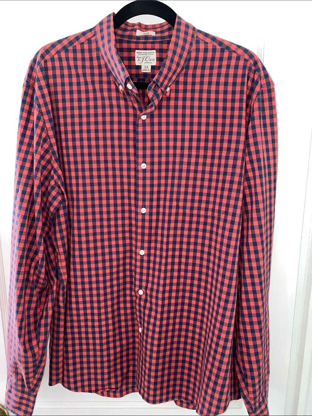 J. Crew Men’s Coral Coral and Navy Gingham Slim & Stretch  Button-Down Shirt